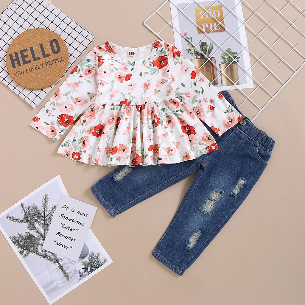 1-4 Year Toddler Girl Clothes Set Flower Long Sleeve T-shirt+Ripped Jeans 2Pcs Fashion Costume Spring &Autumn Kids Girl Outfit
