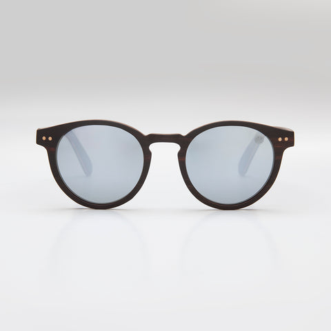 front view of black sunglasses and silver mirror polarised lens