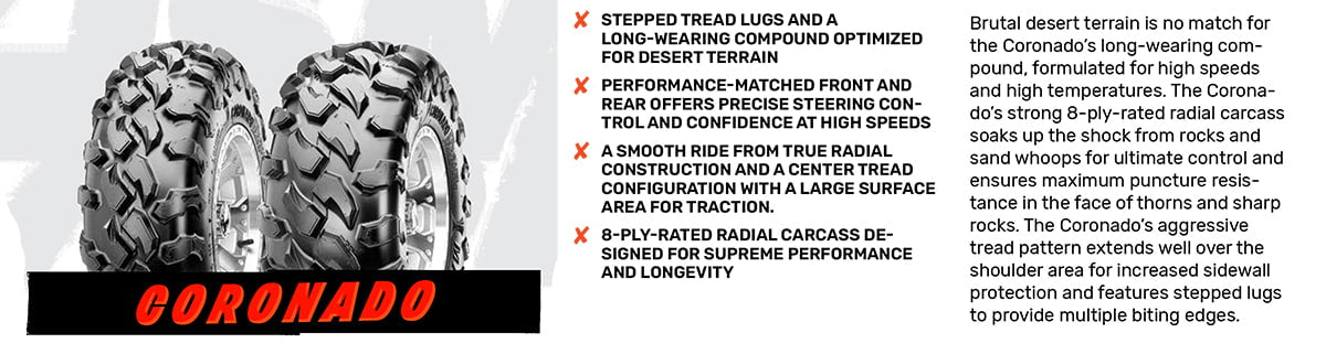 Features of the Maxxis Coronado UTV and SxS desert tire.
