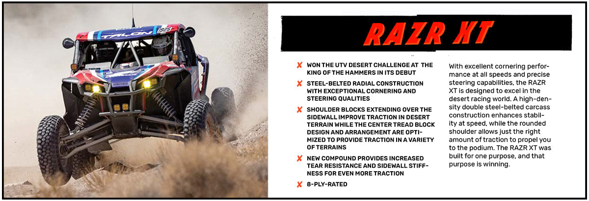 RAZR XT high performance 8-ply steel belted radial side-by-side and UTV tire by Maxxis promotional banner.