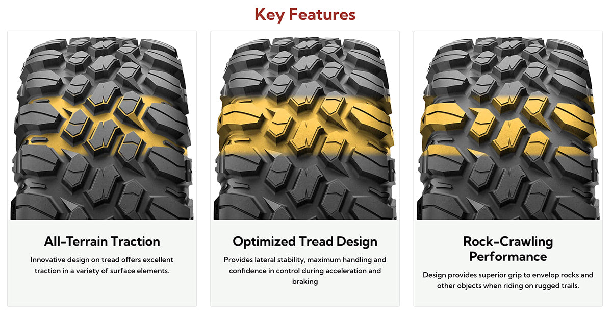 Tread pattern features of all new high performance Hercules UT1 side by side tire.