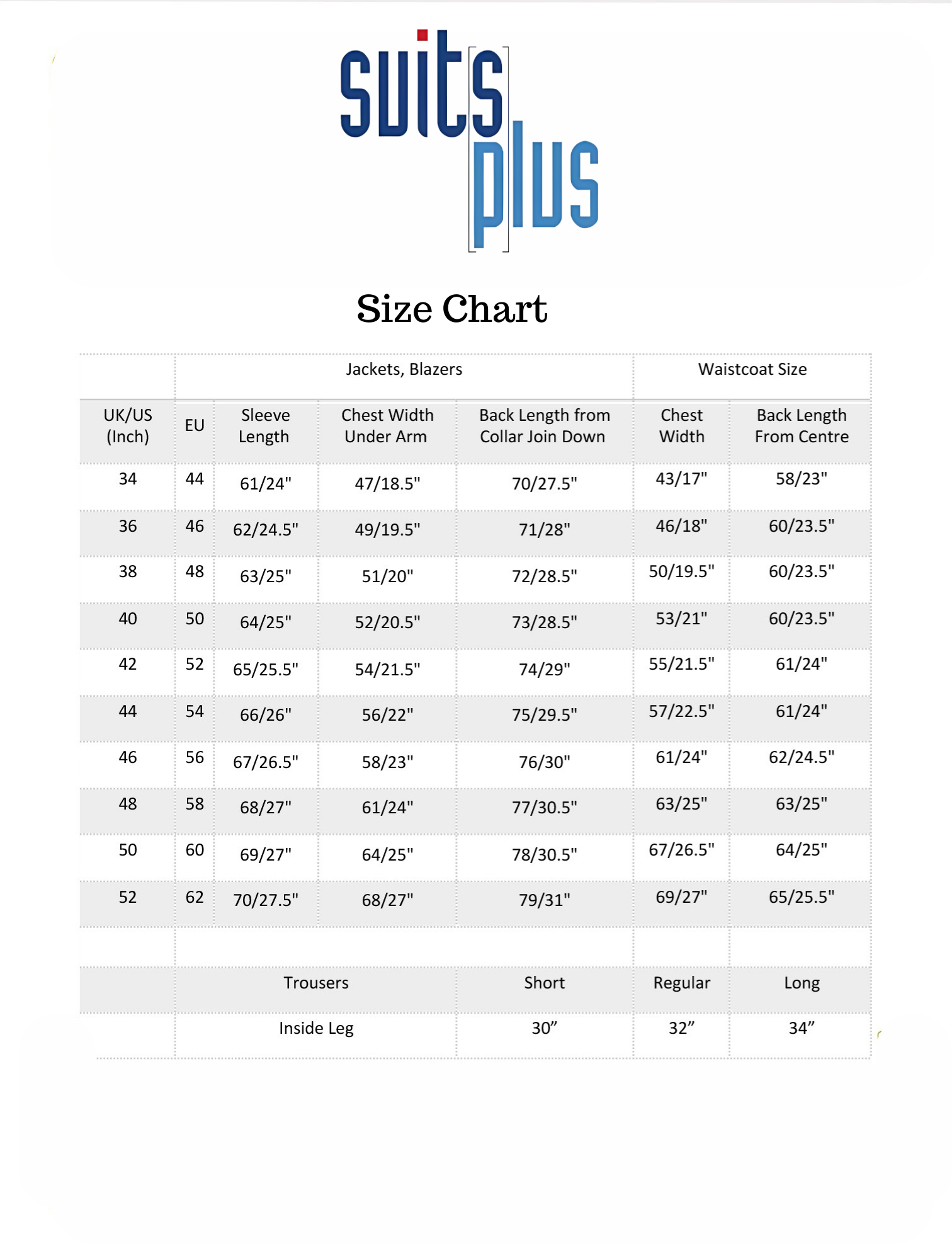Paul Andrew Size Chart