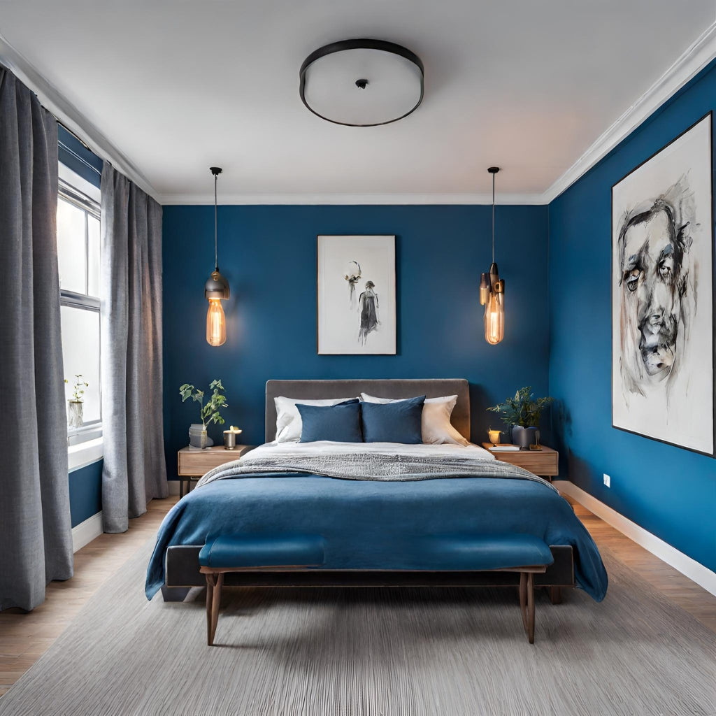 Minimalistisches blaues Schlafzimmer ZigZagZurich