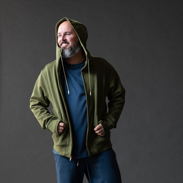 Ality Designs The Lost Hoodie in Pacific Blue - speaking about the history of the hoodie as a garment and the different ways to wear a zippered vs pullover hoodie.