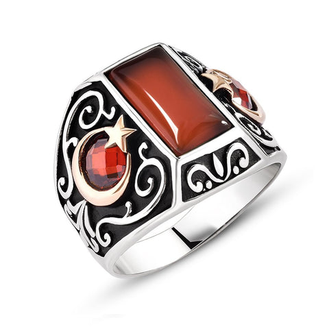 Silver Men's Ring with Star and Crescent and Red Agate Stone 3
