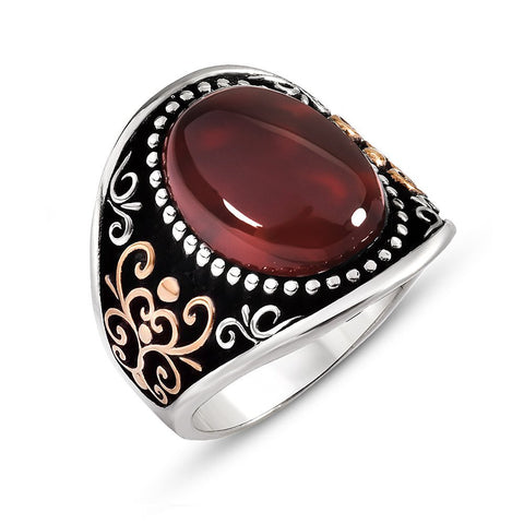 925 Sterling Silver Men's Ring with Red Oval Agate Stone