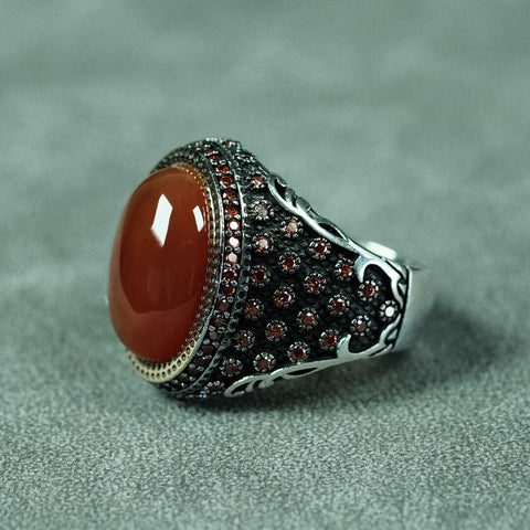 Ve Tesbih Silver Men Ring with Brown Model Agate Stone 2