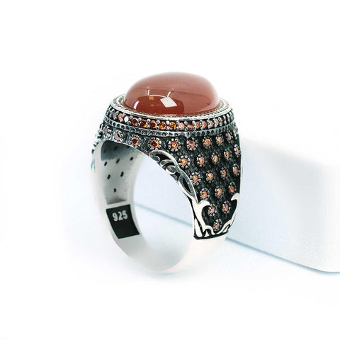 Ve Tesbih Silver Men Ring with Brown Model Agate Stone 4