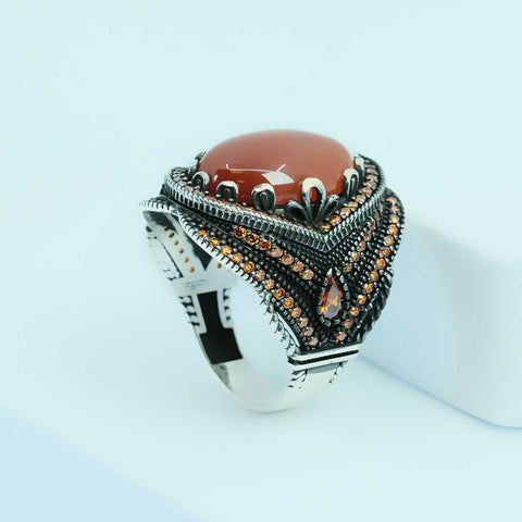 Ve Tesbih Silver Men Ring with Red Model Agate Stone 4