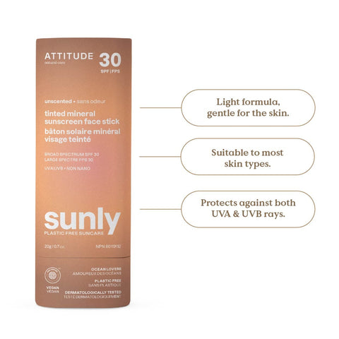 Tinted mineral sunscreen stick showing its benefits