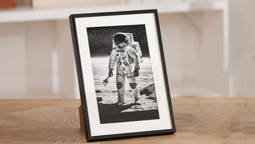 A photo-realistic engraving of an astronaut 