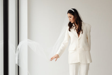 White Pant Suit On a bride with a veil super chic brides