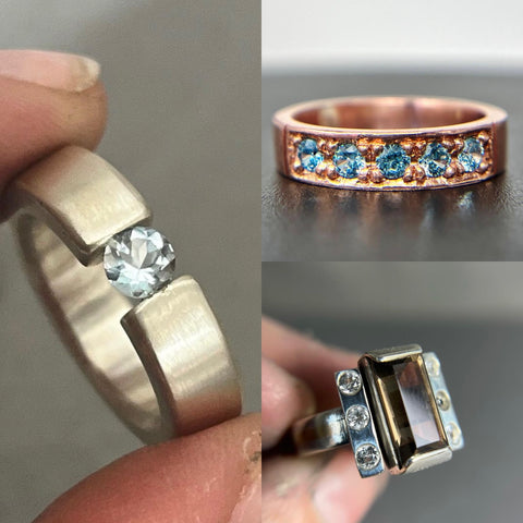 Tension set ring, baguette style ring and pave set blue gemstone and copper ring