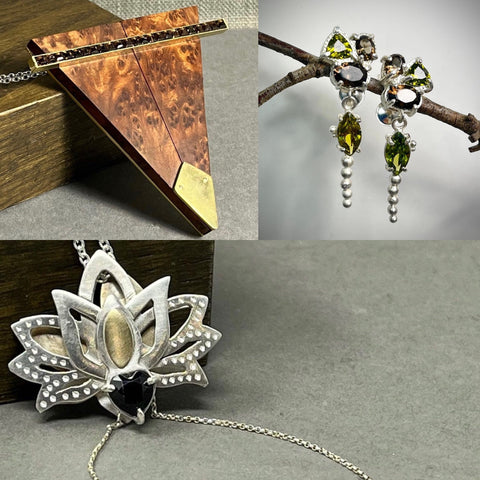 Silver and gold lotus leaf pendant, brass and wood catwalk necklace and gemstone cluster earrings