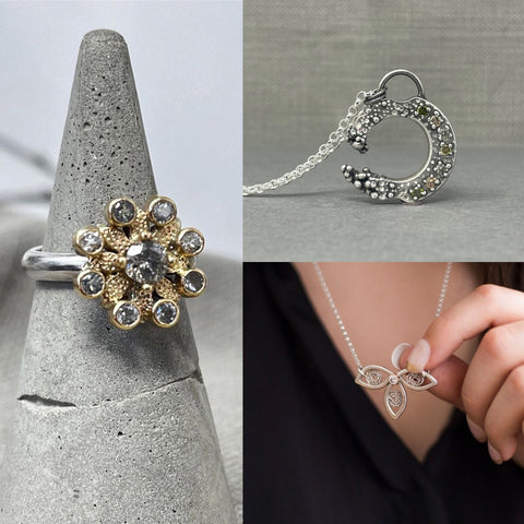 Gold and diamond cluster ring, filigree necklace and cast in place necklace