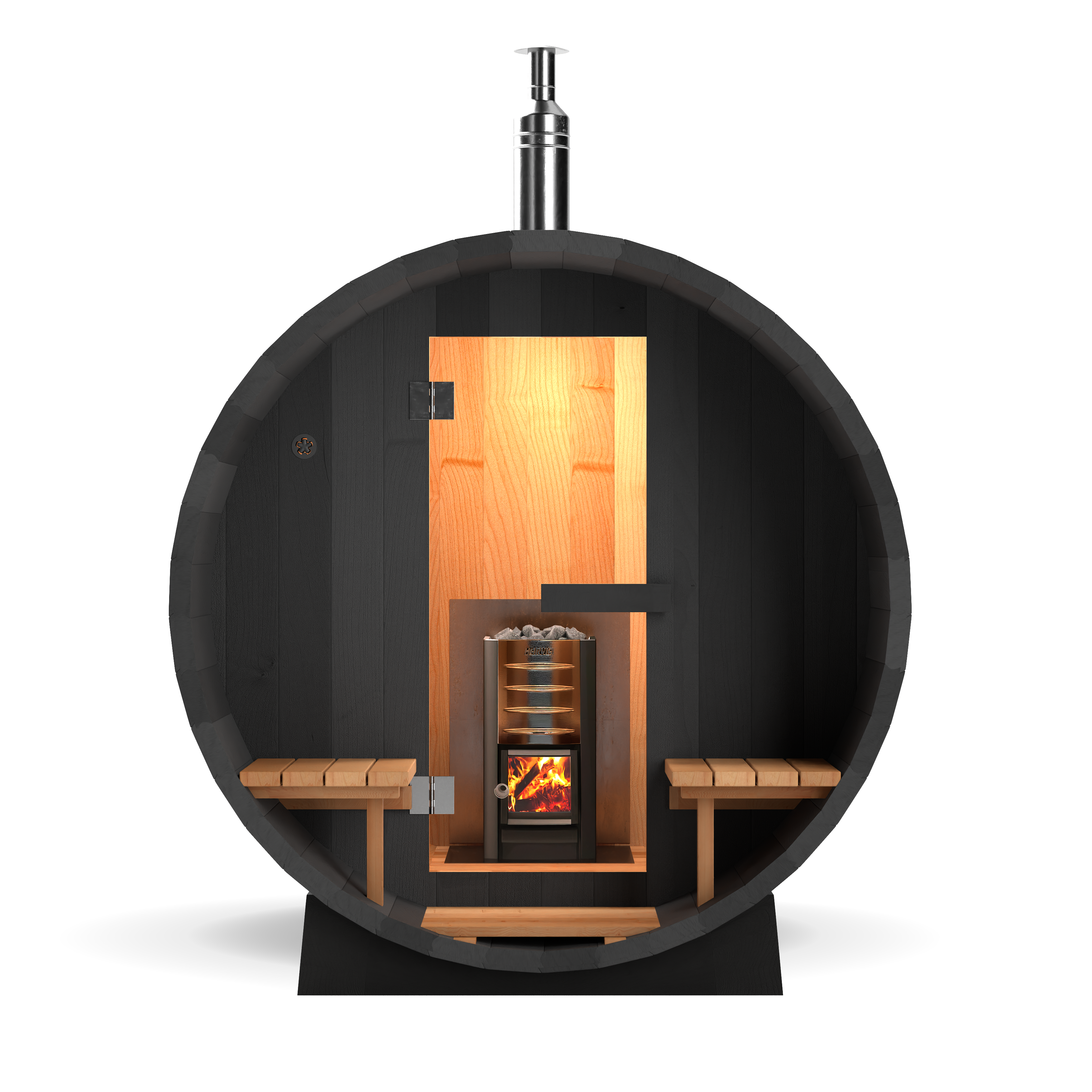 Black cedar barrel sauna with porch and wood fired stove 