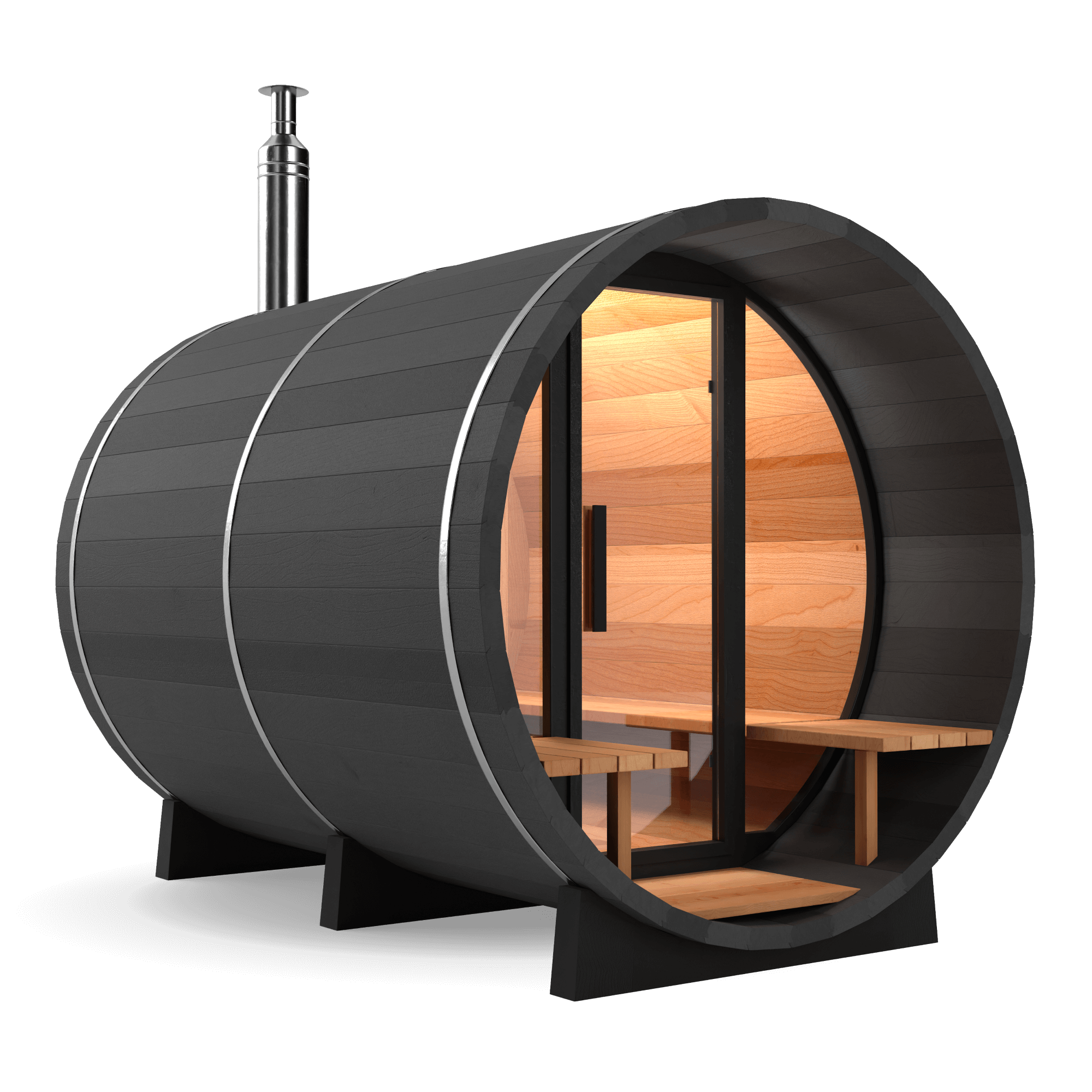 Luxury black red cedar barrel sauna with harvia m3 wood fired stove and porch 