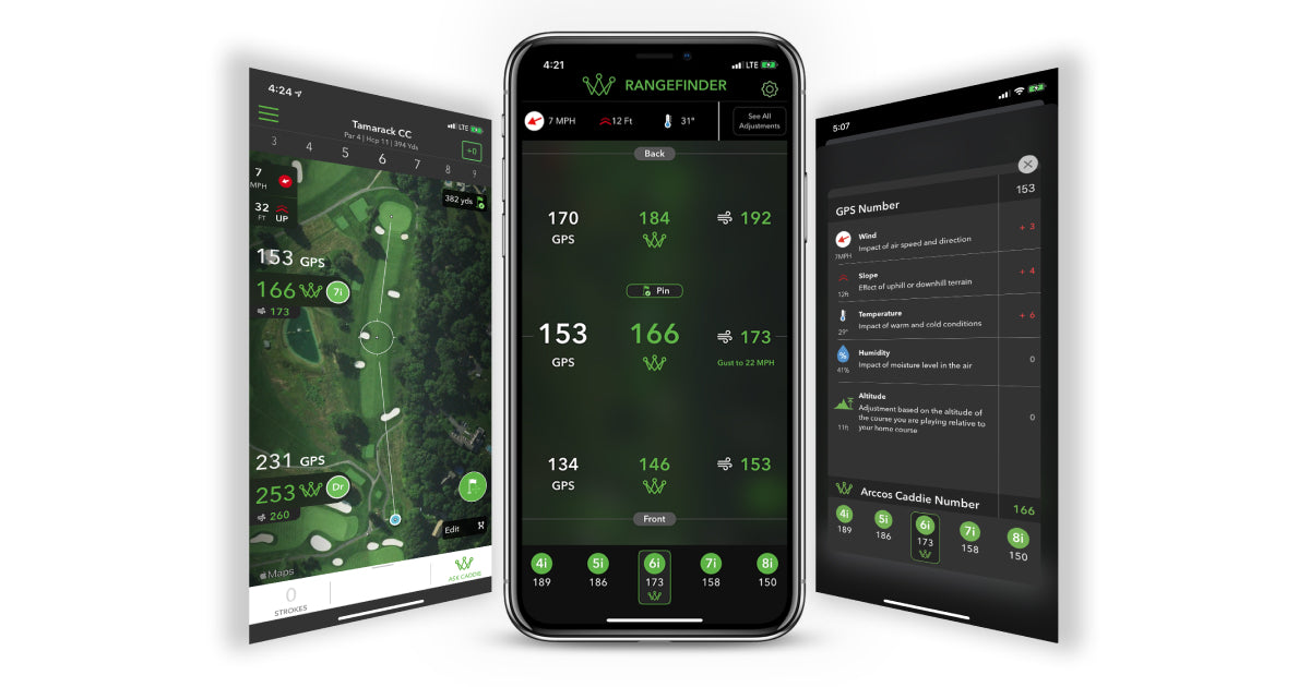 Arccos Caddie Rangefinder Screens within the Arccos Caddie app, available on iPhone & Android