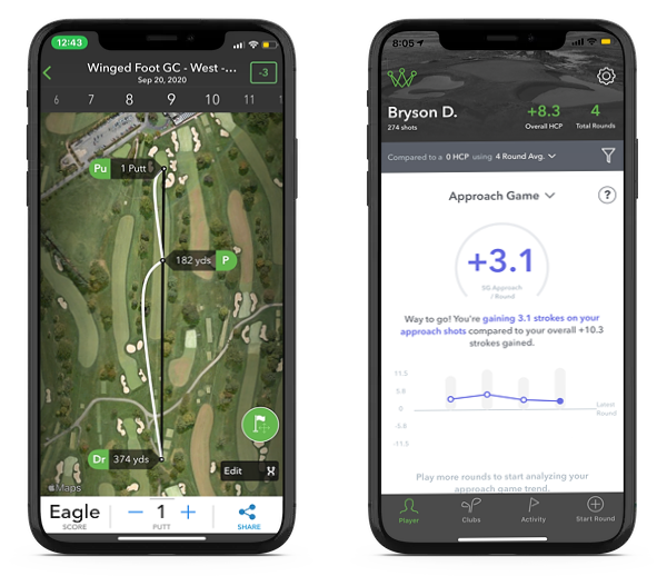 iPhone screens of Bryson DeChambeau's Arccos Strokes Gained Data from US Open 2020