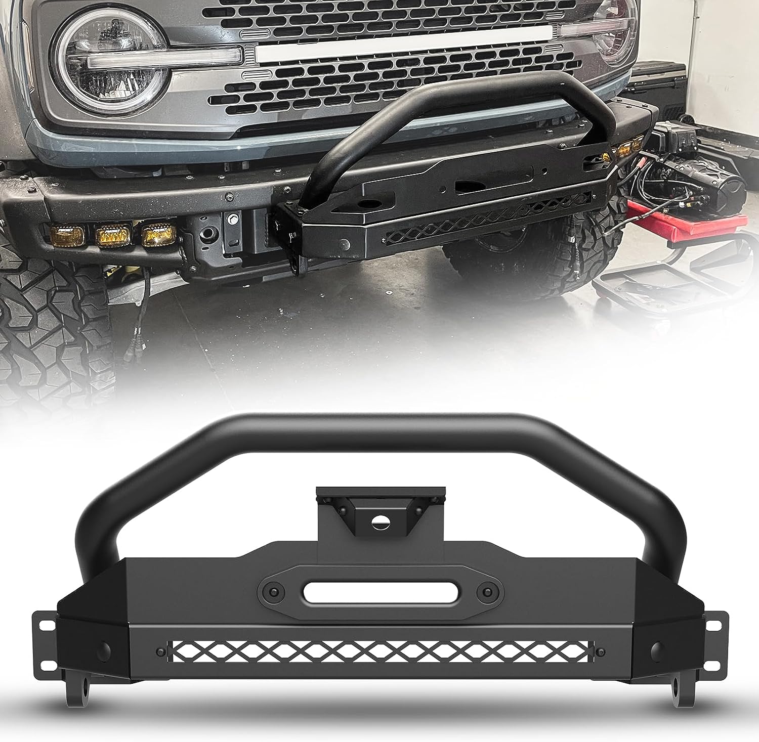 Front Bumper with Bull Bar & Winch Mount & Front Camrea Bracket Removable Compatible with Ford Bronco 2023 2022 2021