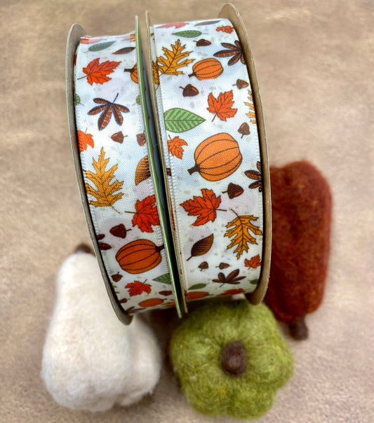 Fall Floral ribbon with flowers of red, orange, yellow and brown leaves  printed on 5/8 antique white double face satin, 10 yards