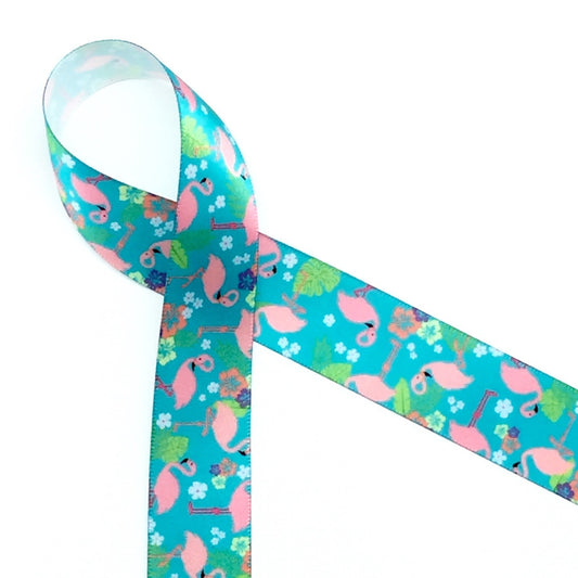 Flamingos in a row on 5/8 Lt. pink single face satin ribbon, 10 Yards