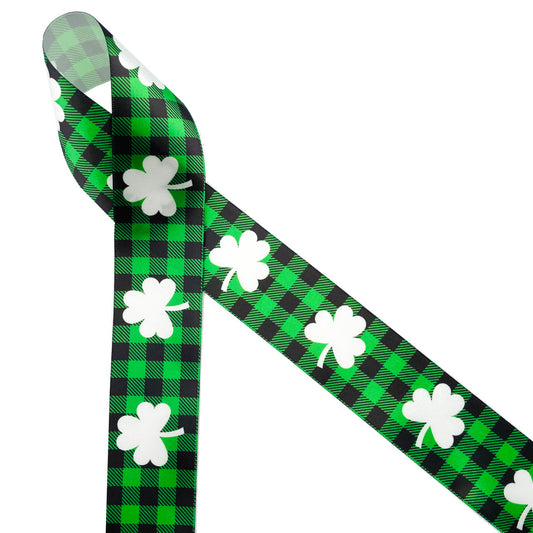 Shamrock ribbon with white clovers on a green and black buffalo plaid  background printed on 1.5 white grosgrain, 10 yards