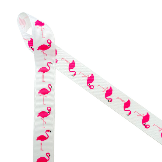 Flamingos in a row on 5/8 Lt. pink single face satin ribbon, 10 Yards