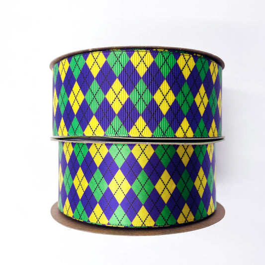 Mardi Gras argyle ribbon in purple green and yellow printed on 1.5 white  single face satin and grosgrain