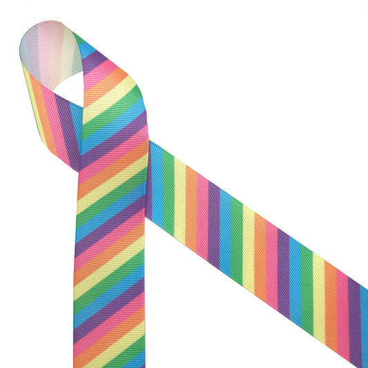 Rainbow Stripes in primary colors printed on 7/8 grosgrain ribbon, 10 Yards