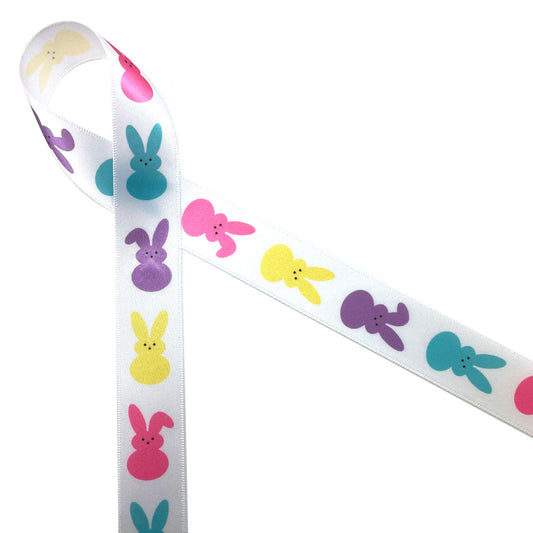 Pastel Easter bunnies tossed with Spring floral and fern in pink, teal and  yellow printed on 7/8 white single face satin ribbon, 10 yards