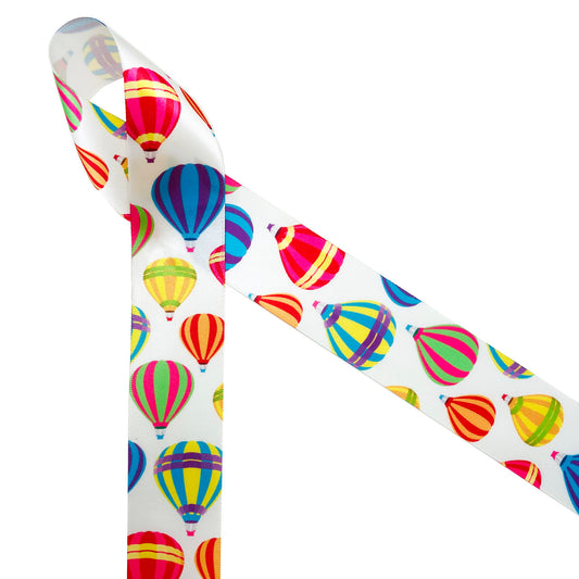 Hot Air Balloons in beautiful colors drift along a 1.5 white grosgrain  ribbon, 10 yards