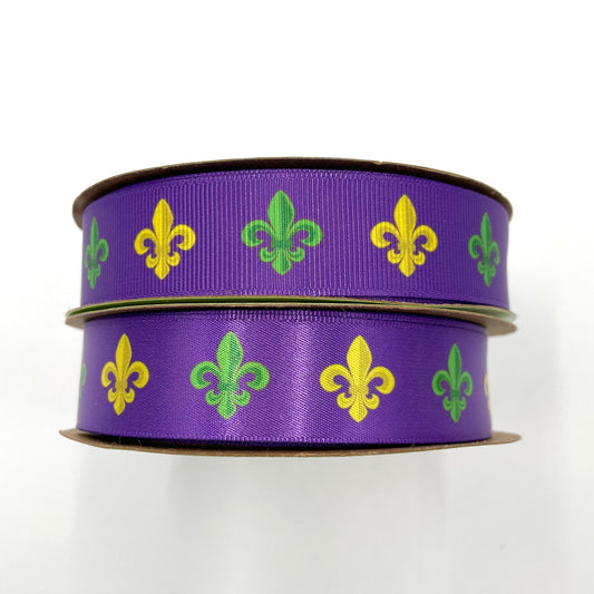 Mardis Gras ribbon in an argyle pattern of green, purple and yellow printed  on 1.5 white grosgrain 10 yards