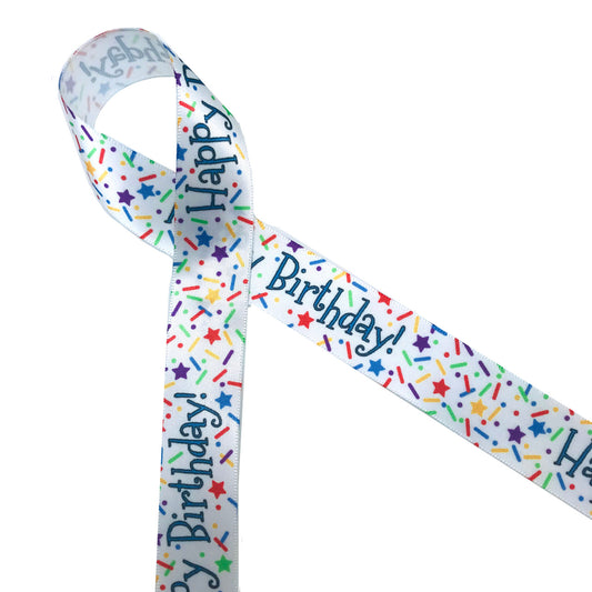 Happy Birthday Ribbon with Sprinkles on White 5/8 Single Face Satin Ribbon