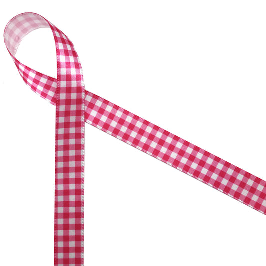 Gingham check in red on 5/8 white single face satin ribbon