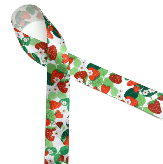 Red strawberries with their flowers and leaves printed on 5/8 white single  face satin ribbon, 10 Yards