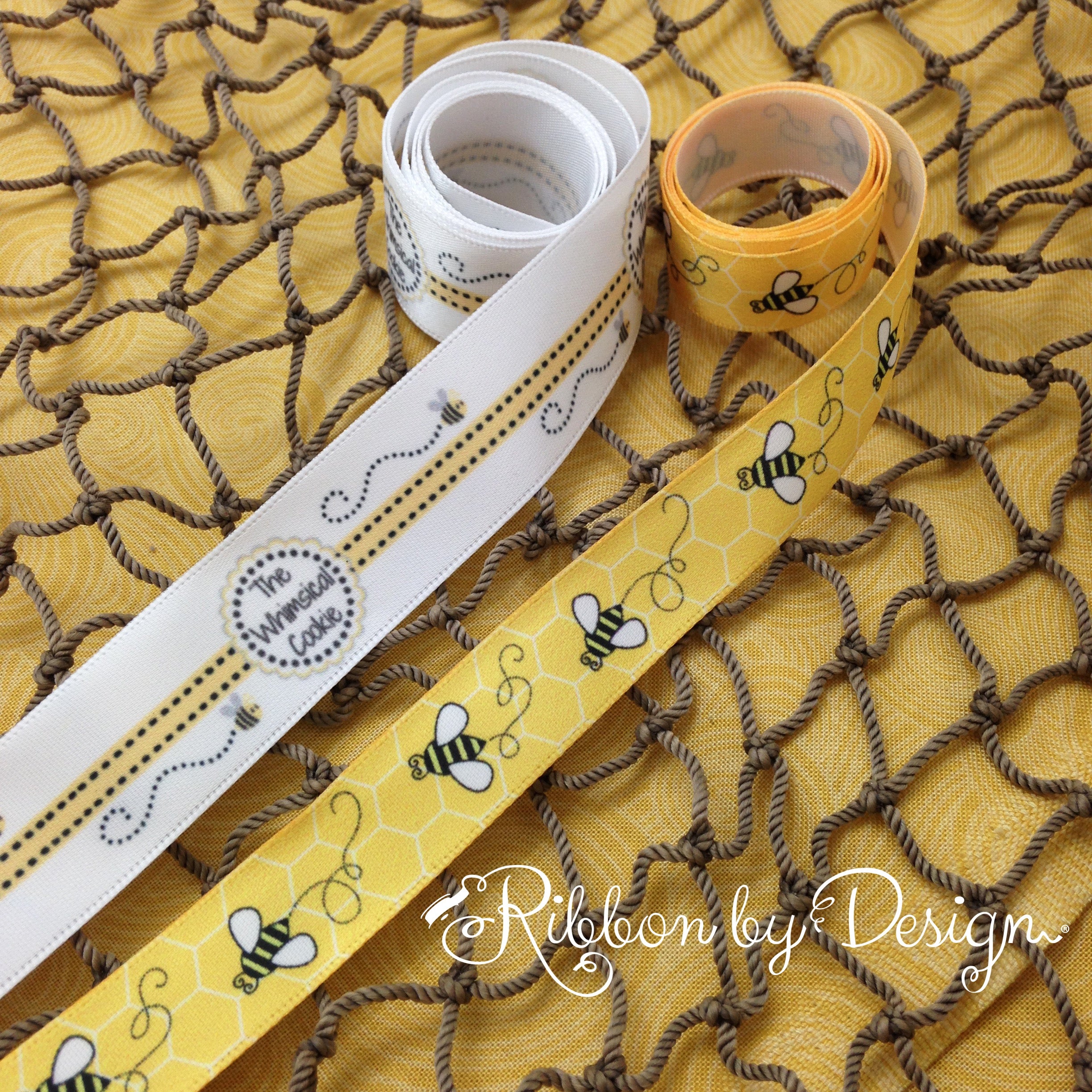 cookie bakery's custom ribbon - bees on yellow and white ribbons