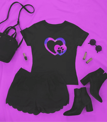 Colorful. Ladies night out outfit with black skirt, boots, purse, and t-shirt with colorful heart and dog paw in purple and pink swirling colors.