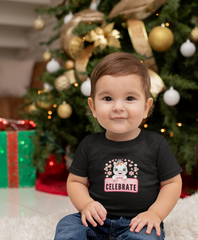 Events, Infant. Toddler wearing an events, birthday t-shirt with a unicorn and reads, celebrate.