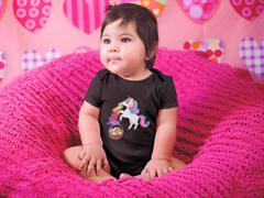 Fantasy Clothing For Baby/Infants/Toddlers. Baby Wearing A Colorful Unicorn Black Onesie.