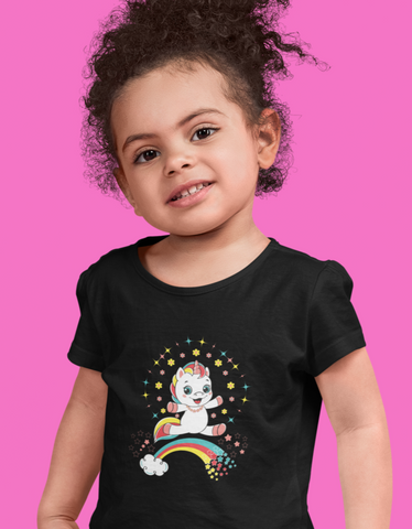 Fantasy Clothing For Children, Kids, Youth. Child Wearing Black T-shirt With Unicorn Jumping Over A Rainbow.