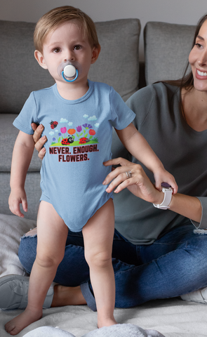 Flower, Nature Clothing, T-shirts. Toddler boy wearing a blue onesie with flower and ladybug image.