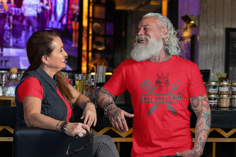 Hobby_Interests_clothing.Woman_and_man_talking_in_a_bar_and_he_is_wearing_a_hobby_grilling_t-shirt._