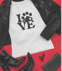Love. Adult. Black jacket, shoes, and t-shirt which spells LOVE with a dog paw.