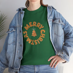 Holiday, Christmas. A woman is wearing a Christmas t-shirt with a wreath made out of gingerbread cookies and spells out Merry Christmas. A Christmas tree cookie dangles in the middle of the wreath.