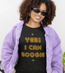 Music_Clothing_T-shirts_Gifts._Young_Woman_Wearing_A_Music_Black_T-shirt_Which_Reads_Yes_I_Can_Boogie.