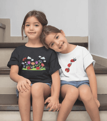 Nature_Flowers_Animals_Bugs_Clothing.Twin_little_girls_wearing_nature_garden_t-shirts_with_ladybugs.