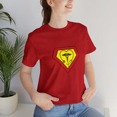 Occupation. Woman wearing an occupation, medical and superhero symbol t-shirt.