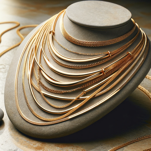 A sophisticated 16k gold layered necklace, artistically draped over a smooth stone surface.