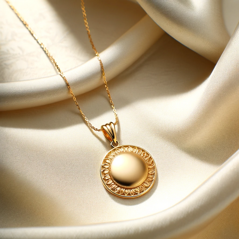 An exquisite 16k gold pendant necklace, gracefully hanging from a delicate chain, showcased on a light, elegant background.